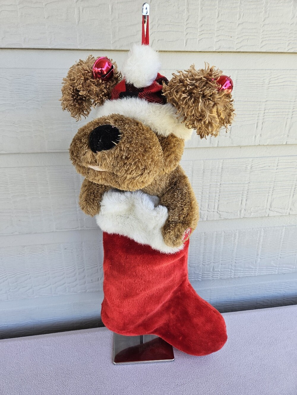 Dan Dee Animated Dog Christmas Plush Stocking Puppy Red Bells Music Brown Red
